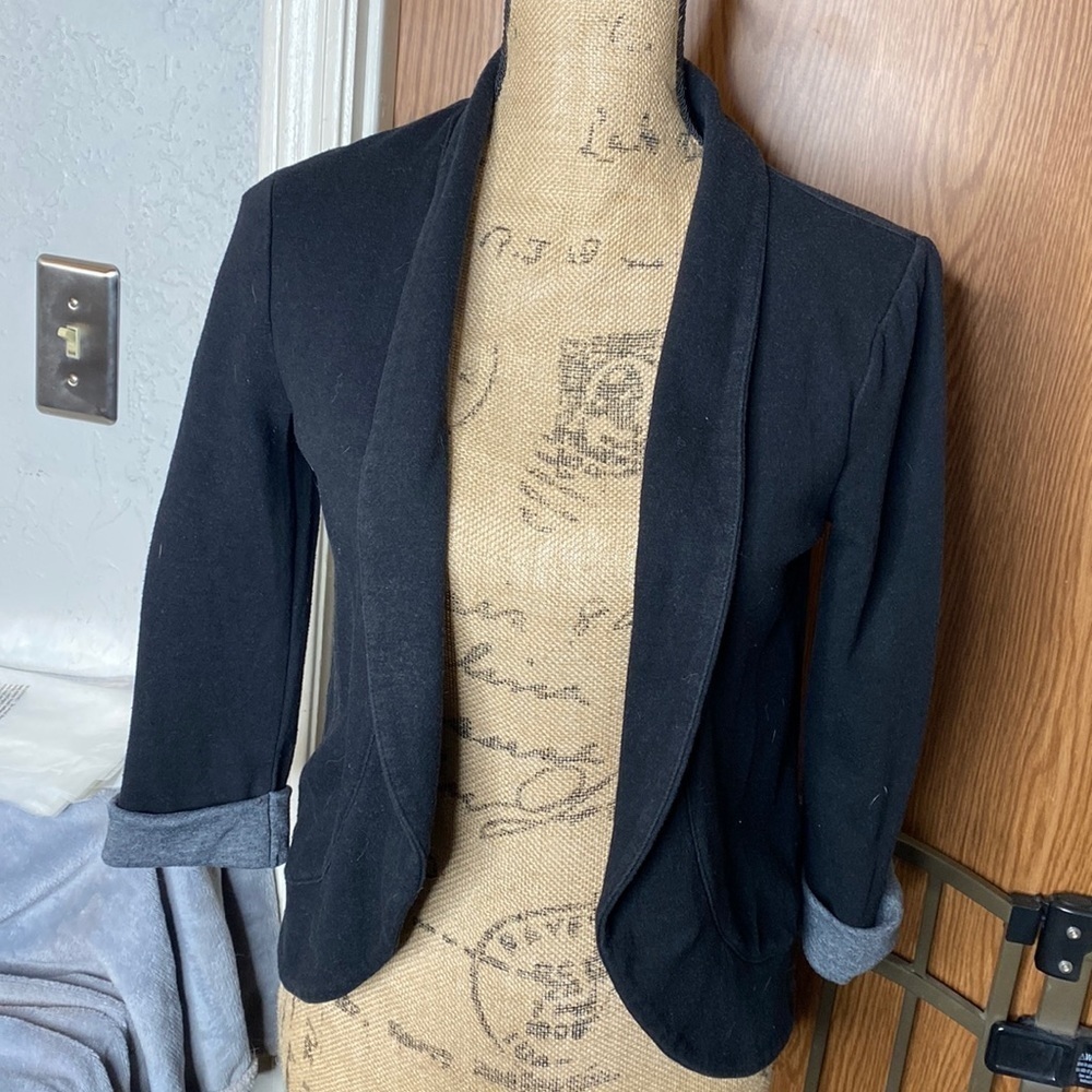 Express Black Knit Open Front Blazer Gray Cuffed Sleeves XS - Picture 2 of 7